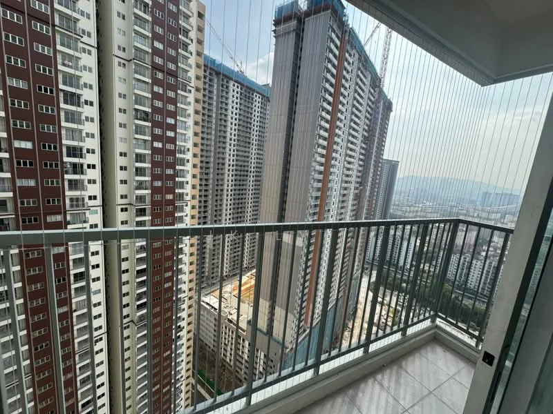 Balcony features: glass railing, tile flooring, city view, high-rise building, surrounding buildings, outdoor space; style: modern; view: city.