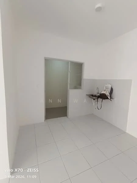 Room features: white painted walls, white tiled flooring, single window, doorway leading to another room, wall-mounted shelf, light fixture on ceiling; style: minimalist.