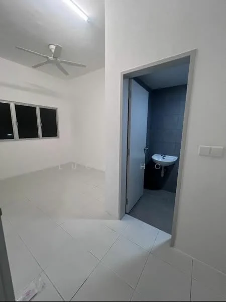 Room features: white painted walls, white tiled flooring, ceiling fan, floor-to-ceiling windows, door leading to bathroom, grey tiled wall in bathroom, sink in bathroom, light fixture on ceiling; style: modern.