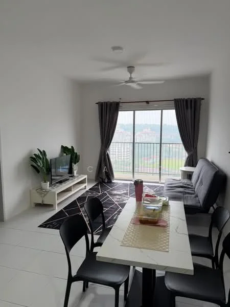 Living features: grey fabric sofa bed, black dining table with four chairs, area rug with geometric pattern, wall-mounted TV, 5-blade ceiling fan with light, floor-to-ceiling sliding glass door, curtains in grey, white painted walls, tile flooring, indoor plants; style: modern; view: city.