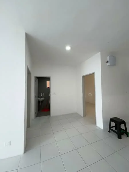 Room features: white painted walls, white ceiling, tile flooring, recessed ceiling light, doorway to adjacent rooms, stool, visible plumbing fixture, neutral color scheme; style: modern.