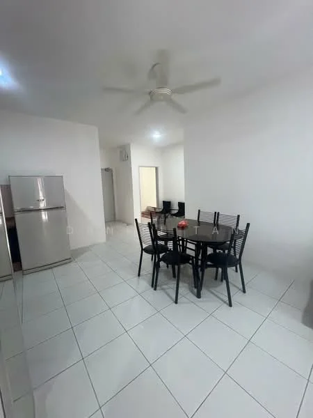 Dining features: white painted walls, ceramic tile flooring, 5-blade ceiling fan, round dining table, black dining chairs, stainless-steel fridge, open layout, natural light from windows; style: modern.