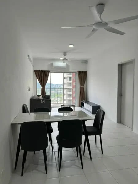 Dining features: white painted walls, white tiled flooring, 5-blade ceiling fan with light, dining table with marble top, 6 black upholstered dining chairs, floor-to-ceiling windows, sheer curtains, view of city skyline, wall-mounted TV unit, grey storage cabinet; style: modern; view: city.