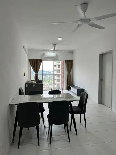 Dining features: white painted walls, white tiled flooring, 5-blade ceiling fan with light, dining table with marble top, 6 black dining chairs, floor-to-ceiling windows, sheer curtains, view of city skyline, built-in bench seating, recessed lighting; style: modern; view: city.
