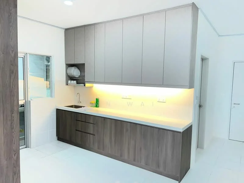 Kitchen features: grey upper cabinets, brown lower cabinets, white countertop, single-bowl stainless-steel sink, chrome pull-down faucet, white tiled backsplash, recessed LED downlights, open shelving, floor-to-ceiling window, white tiled flooring; style: modern.