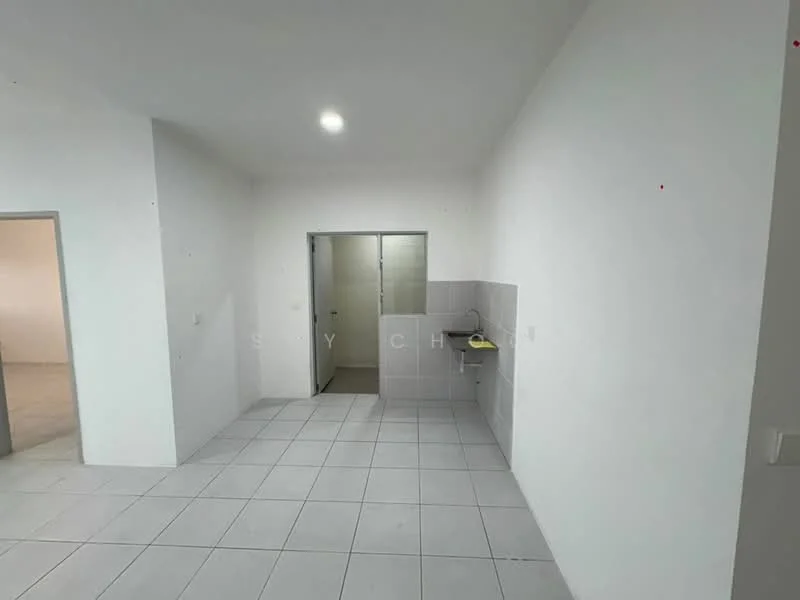 Room features: white painted walls, grey tiled flooring, single-bowl sink, wall-mounted faucet, kitchen cabinetry, glass sliding door, fluorescent ceiling light; style: modern.