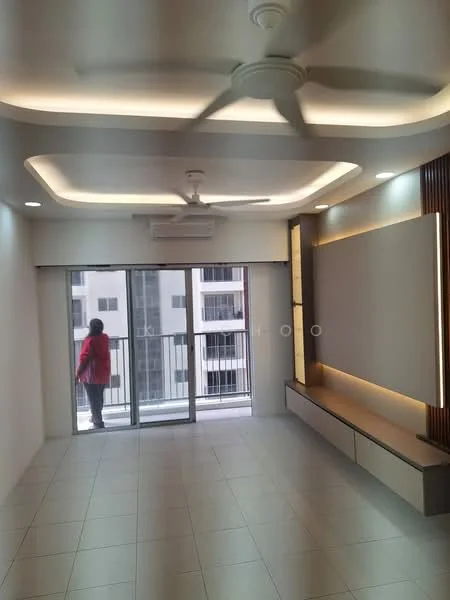 Living features: white painted walls, tray ceiling with recessed lighting, 5-blade ceiling fan with integrated LED light, floor-to-ceiling sliding glass door, grey feature wall, built-in TV console, light-colored flooring, air conditioning unit; style: modern; view: city.