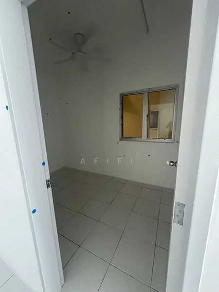 Room features: white painted walls, ceiling fan, tile flooring, single window, door frame, light fixture, corner room, no visible furniture.