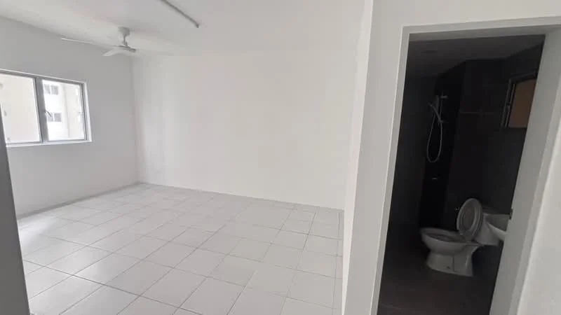 Room features: white painted walls, tile flooring, ceiling fan, floor-to-ceiling windows, bathroom with shower, toilet, neutral color scheme; style: modern.