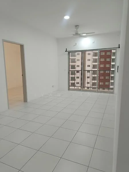 Living features: white painted walls, tile flooring, 5-blade ceiling fan with light, floor-to-ceiling windows, sliding glass door, curtain rod, neutral color scheme, open layout; style: modern; view: city.