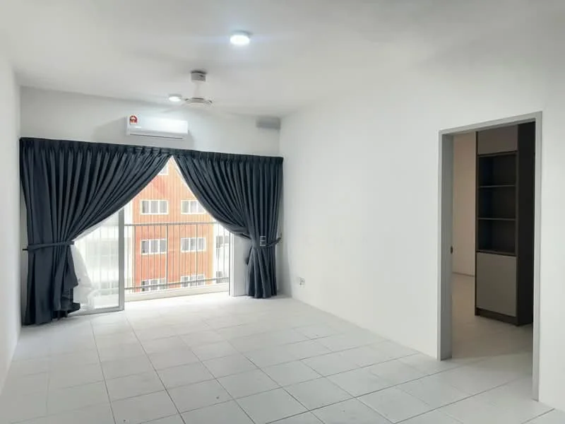 Living features: white painted walls, tile flooring, 5-blade ceiling fan with light, floor-to-ceiling windows, sliding glass door, sheer curtains, blackout curtains, air conditioning unit, neutral decor, open layout; style: modern; view: city. Room features: built-in shelving, neutral cabinetry.