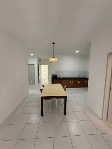 Dining features: white painted walls, white tiled flooring, rectangular dining table, 4 white dining chairs, pendant light fixture, built-in cabinetry, glass backsplash, recessed downlights; style: modern. Room features: white painted walls, white tiled flooring.