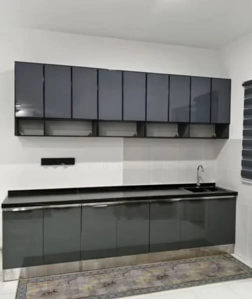 Kitchen features: dark grey cabinetry with flat-panel doors, black granite countertop, single-bowl stainless-steel sink, chrome pull-down faucet, white tiled backsplash, under-cabinet lighting, built-in upper cabinets, lower cabinets with stainless-steel trim, area rug with decorative pattern; style: modern.