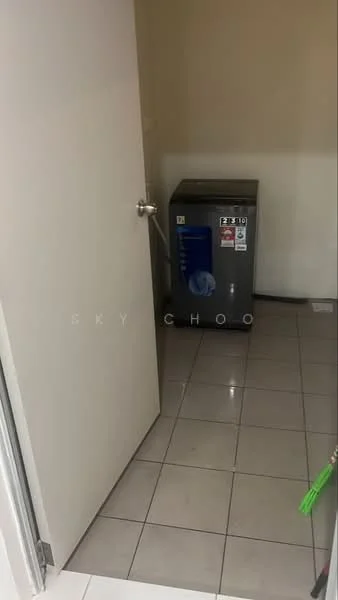 Laundry features: grey washing machine, white tiled flooring, cream painted walls, door leading to another room.