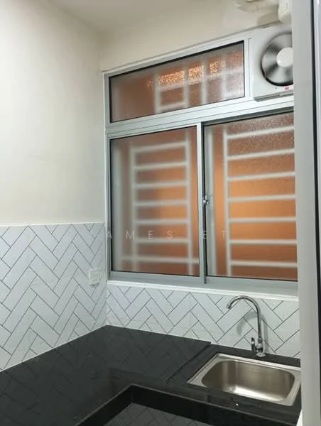 Kitchen features: black granite countertop, single-bowl stainless-steel sink, chrome pull-down faucet, herringbone patterned white tile backsplash, wall-mounted split AC unit, large window with frosted glass, grey painted walls; style: modern.