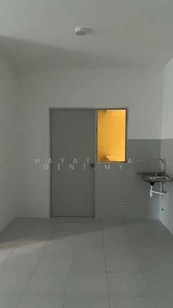 Room features: white painted walls, grey door, single-bowl stainless-steel sink, grey tiled flooring, window with yellow frame, light fixture on ceiling; style: modern.