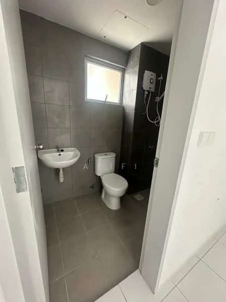 Bathroom features: grey tiled walls, white ceramic sink, chrome faucet, white toilet, shower area with wall-mounted showerhead, grey tiled flooring, window for natural light, exhaust fan, shower curtain rod; style: modern.