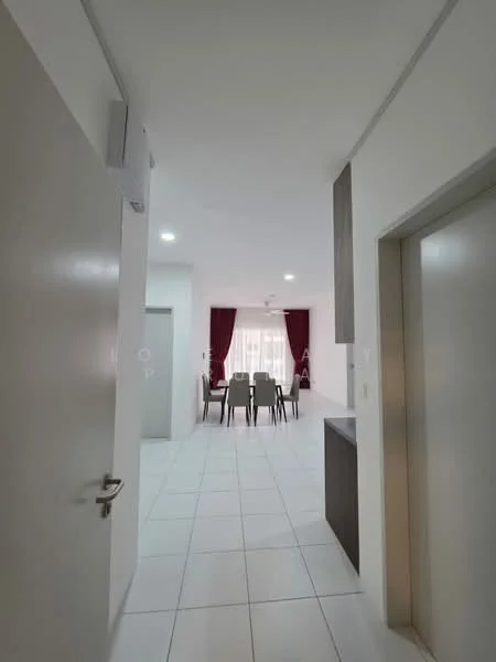 Room features: white painted walls, tile flooring, recessed downlights, dining table with chairs, curtains in red, ceiling fan, open layout, kitchen counter, doorway to adjacent rooms; style: modern.