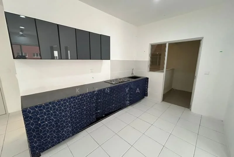 Kitchen features: blue geometric tile backsplash, grey countertop, black upper cabinets, lower cabinets with blue finish, built-in gas hob, stainless-steel sink, white tiled flooring, recessed ceiling lights; style: modern.