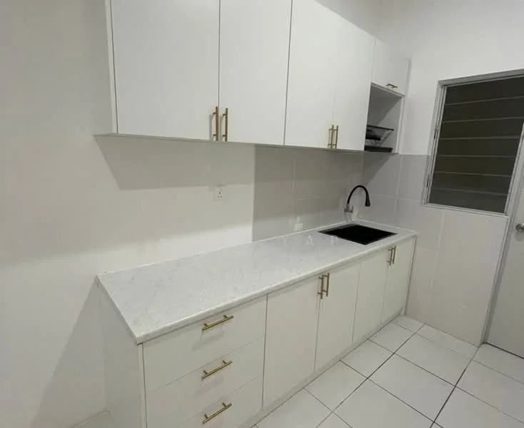 Kitchen features: white shaker cabinets, marble countertop, single-bowl stainless-steel sink, chrome pull-down faucet, white tiled backsplash, white tiled flooring, gold cabinet handles, open shelving, built-in cabinets; style: modern.