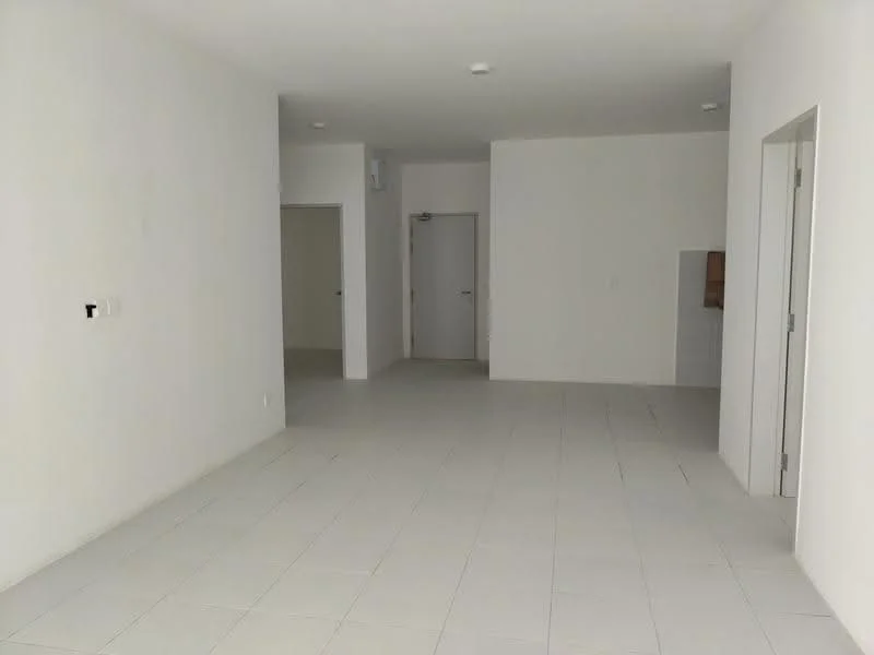Room features: white painted walls, ceramic tile flooring, recessed downlights, doorway leading to another room, doorway leading to kitchen area, open layout, neutral color scheme, no visible furniture; style: minimalist.