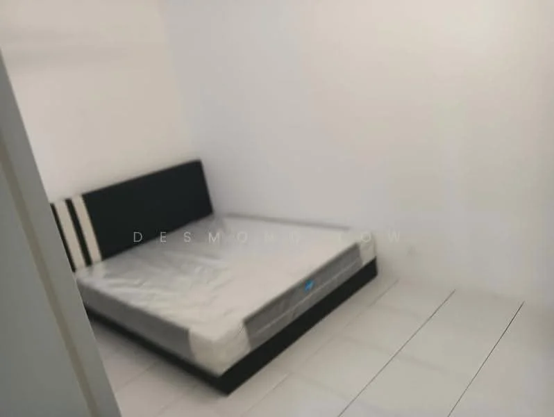 Room features: white painted walls, white tiled flooring, double bed frame, mattress on bed frame, minimal decor; style: minimalist.