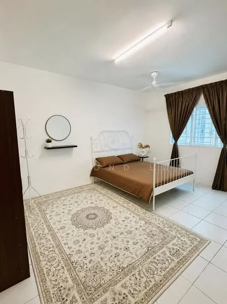 Bedroom features: white painted walls, tile flooring, queen-size bed with brown bedding, white metal bed frame, decorative area rug with intricate pattern, round wall mirror, wall-mounted shelf, curtains in brown, ceiling fan, window with view, clothes rack; style: minimalist; view: city.
