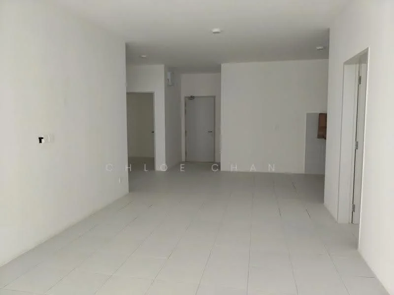 Room features: white painted walls, light-colored tile flooring, ceiling lights, doorway leading to another room, doorway leading to kitchen area, open layout, no visible furniture, neutral color scheme; style: minimalist.