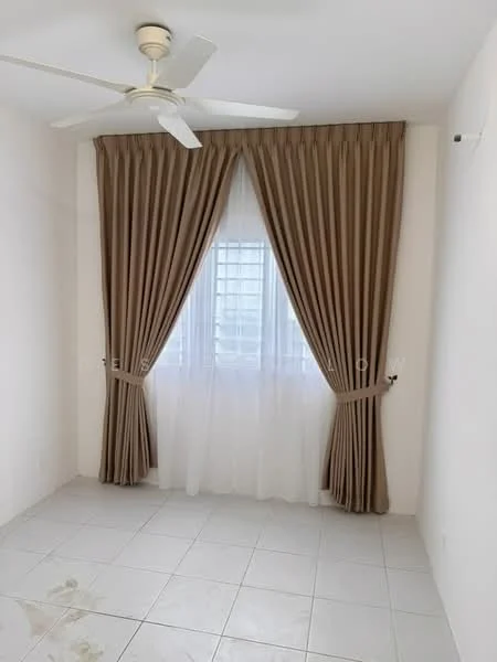 Room features: white painted walls, tiled flooring, floor-to-ceiling window, sheer curtains, heavy drapes, ceiling fan.