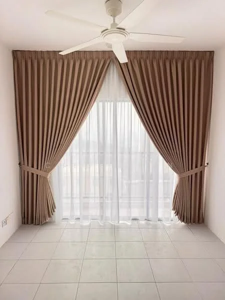 Room features: floor-to-ceiling windows, sheer white curtains, brown drapery curtains, white ceiling fan, white walls, tile flooring; style: modern.