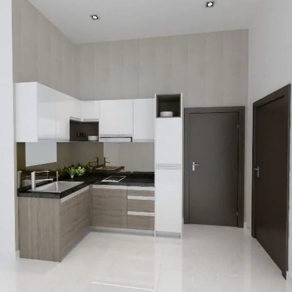 Kitchen features: white upper cabinets, wood lower cabinets, black granite countertop, stainless-steel sink, chrome pull-down faucet, built-in oven, stainless-steel refrigerator, tile backsplash, recessed downlights, white walls, light-colored flooring, door leading to hallway; style: modern.