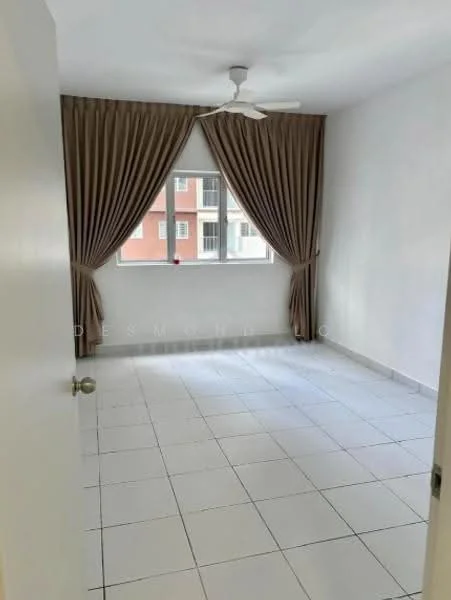 Room features: white painted walls, ceramic tile flooring, floor-to-ceiling window, sheer curtains, ceiling fan, neutral color scheme; style: modern.