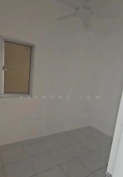 Room features: white painted walls, tile flooring, window with blinds, ceiling fan.