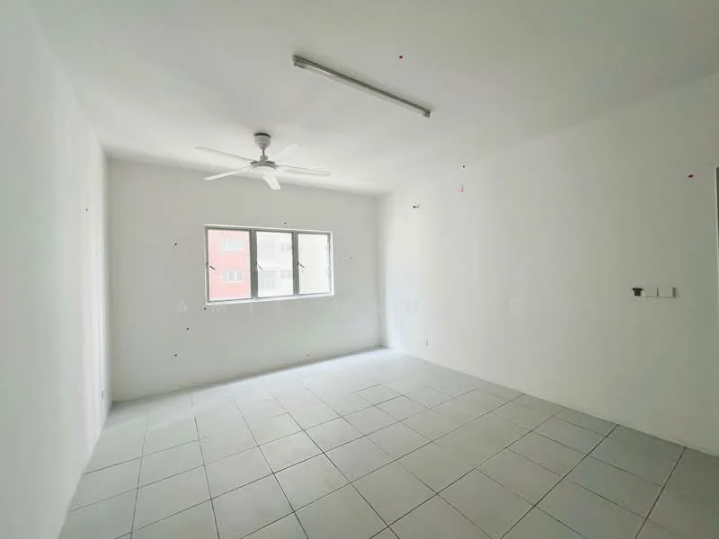 Room features: white painted walls, ceiling fan, large window, tile flooring, fluorescent ceiling lights, power outlets, neutral color scheme; style: minimalist.