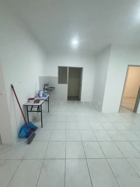 Room features: white painted walls, tile flooring, kitchen countertop, stainless-steel sink, kitchen cabinets, doorway leading to another room, open space layout, clean and minimal decor; style: modern.