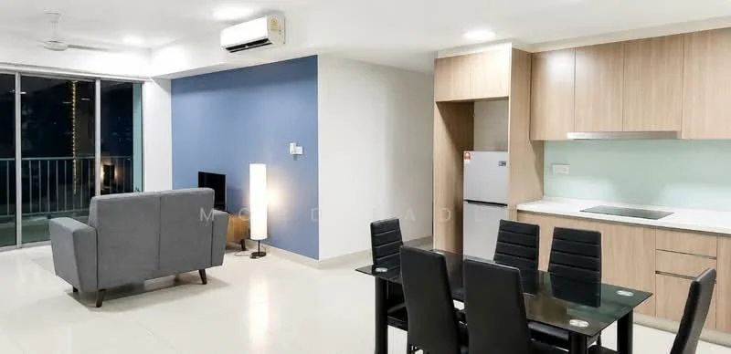 Living features: grey fabric sofa, black glass coffee table, wall-mounted TV, floor-to-ceiling windows, white painted walls, light grey accent wall, recessed downlights, air conditioning unit, laminate flooring, decorative floor lamp; style: modern; view: city. Kitchen features: white cabinetry, stainless-steel fridge, built-in stove, white countertop, green backsplash, single-bowl stainless-steel sink, chrome pull-down faucet; style: modern.