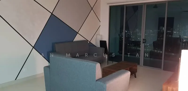 Living features: grey fabric 3-seater sofa, grey fabric 2-seater sofa, wooden coffee table, floor-to-ceiling sliding glass door, city skyline view, painted accent wall with geometric pattern, light-colored flooring, recessed ceiling lights; style: modern; view: city.