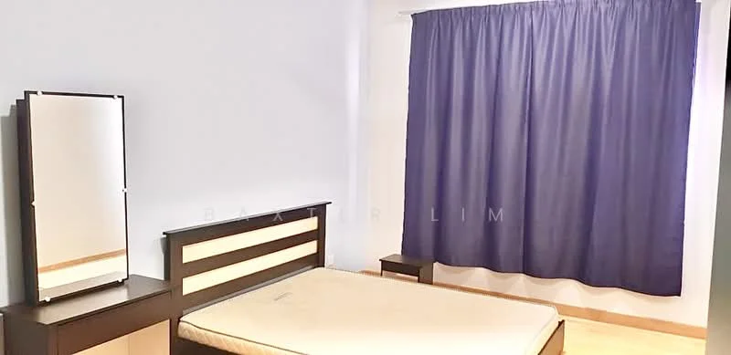 Bedroom features: queen-size bed, dark wood bed frame, nightstand with drawer, full-length mirror, blue curtain, light wood flooring, white painted walls; style: modern.