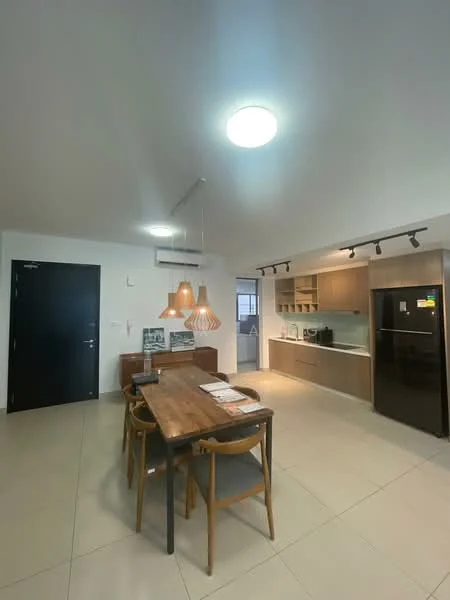 Kitchen features: white painted walls, light grey tiled flooring, recessed downlights, ceiling light fixture, wooden dining table, 4 wooden dining chairs, pendant light above dining table, kitchen cabinets in light wood finish, stainless-steel refrigerator, built-in oven, ceramic cooktop, sink with chrome faucet, open shelving, countertop with space for appliances; style: modern.