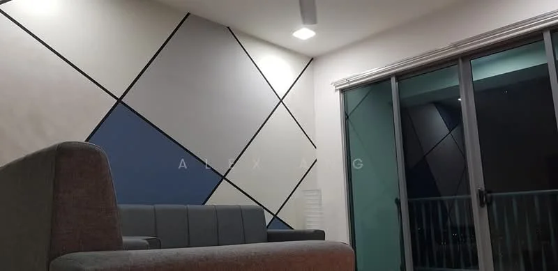 Living features: grey fabric sofa, geometric accent wall with blue and white sections, floor-to-ceiling windows, sliding glass door, recessed downlights, ceiling fan, balcony view, neutral painted walls; style: modern; view: city.