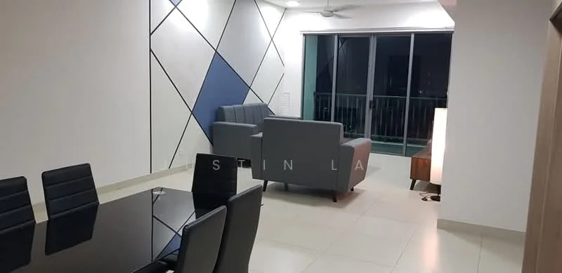 Living features: grey fabric sofa, black dining table, black dining chairs, white painted walls, geometric accent wall with blue and grey, floor-to-ceiling windows, sliding glass door, tile flooring, ceiling fan, decorative floor lamp; style: modern.