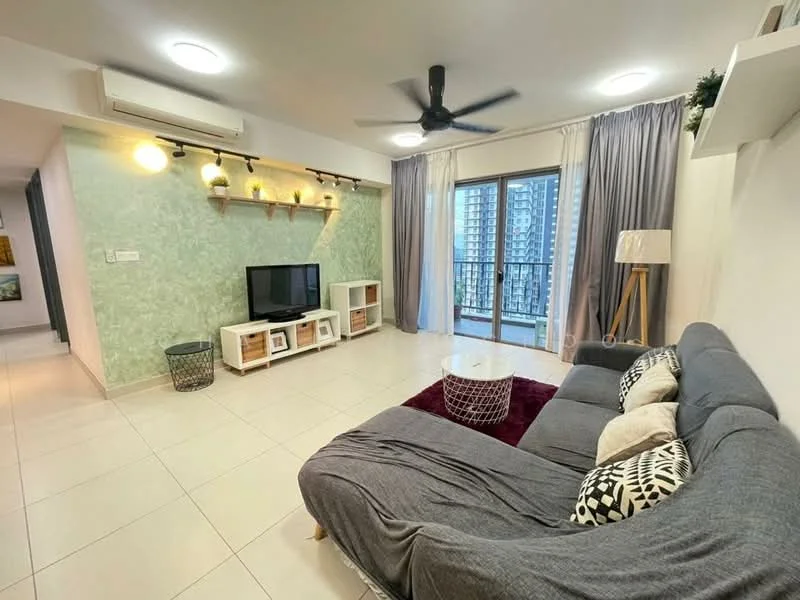 Living features: grey fabric sectional sofa, white coffee table, black and white decorative cushions, wall-mounted TV, white TV console with open shelving, green accent wall with wall sconces, recessed ceiling lights, 5-blade ceiling fan, floor-to-ceiling sliding glass door, curtains in light grey, white tiled flooring; style: modern; view: city.