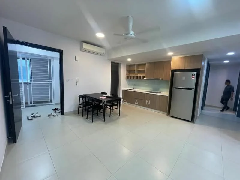 Living features: light grey tiled flooring, white painted walls, 5-blade ceiling fan with light, recessed LED downlights, dining table with 4 black chairs, built-in kitchen cabinetry in wood finish, stainless-steel fridge, open layout to kitchen, sliding glass door to balcony, air conditioning unit on wall; style: modern. Room features: white painted walls, light grey tiled flooring, sliding glass door, natural light from window.