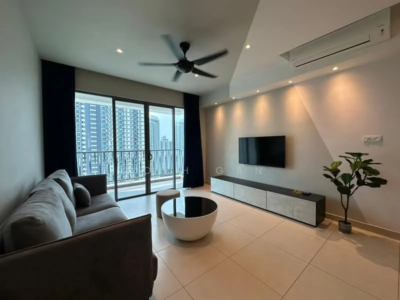 Living features: 3-seater fabric sofa in grey, round coffee table in white, wall-mounted TV, TV console in light wood, floor-to-ceiling windows, sliding glass door, blackout curtains, ceiling fan, recessed downlights, decorative plant in pot, cream tiled flooring, light grey painted walls; style: modern; view: city.