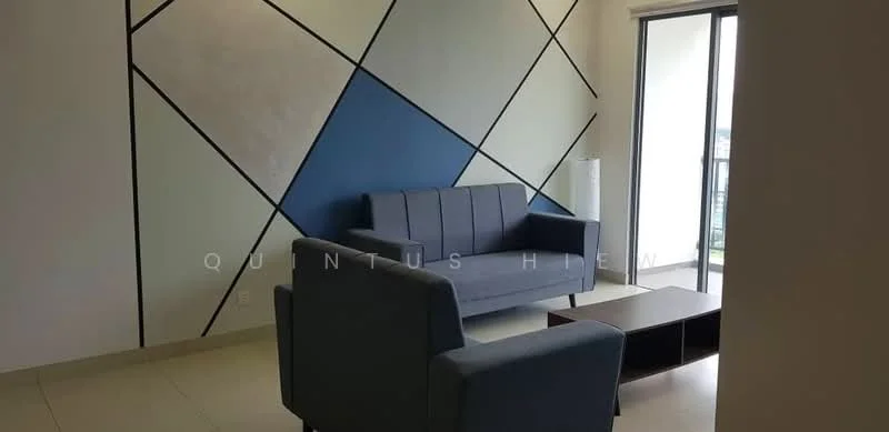 Living features: grey fabric 3-seater sofa, wood coffee table, geometric accent wall with blue and white sections, floor-to-ceiling windows, light-colored tile flooring, natural light from window, minimalist decor; style: modern; view: city.