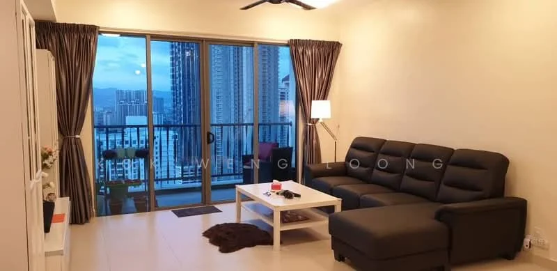 Living features: 3-seater fabric sofa in black, coffee table, floor-to-ceiling windows, sliding glass door, sheer curtains, dark wood flooring, ceiling fan, decorative lamp, area rug, wall-mounted TV, built-in cabinetry; style: modern; view: city.