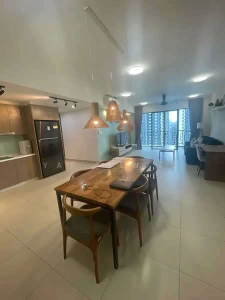Dining features: wooden dining table, 4 dining chairs, 3 pendant lights, floor-to-ceiling windows, city view, light-colored tiled flooring, open-plan layout, built-in cabinets, stainless-steel fridge, sofa in living area, wall-mounted TV, recessed lighting; style: modern; view: city.