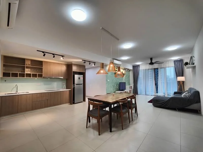 Kitchen features: L-shaped kitchen layout, wood cabinetry, white countertop, stainless-steel sink, chrome pull-down faucet, built-in oven, freestanding fridge, ceramic tile flooring, recessed downlights; style: modern. Dining features: 6-seater wooden dining table, wooden dining chairs, pendant lighting above table, ceramic tile flooring; style: modern. Living features: sofa in grey fabric, coffee table, TV console, wall-mounted TV, area rug, ceiling fan, floor-to-ceiling windows with sheer curtains, recessed downlights; style: modern.