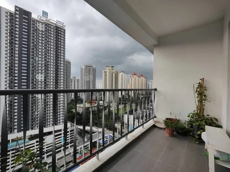 Room features: balcony with railing, grey tiled flooring, potted plants, city skyline view, high-rise buildings in background, overcast sky; style: modern; view: city.
