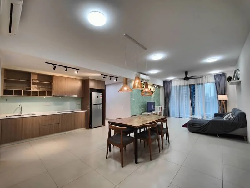 Kitchen features: L-shaped kitchen layout, wood cabinetry, white countertop, stainless-steel sink, chrome pull-down faucet, built-in oven, freestanding refrigerator, ceramic tile flooring, recessed downlights; style: modern. Dining features: 6-seater dining table, wood dining chairs, pendant lighting above table, open shelving, ceramic tile flooring; style: modern. Living features: 3-seater fabric sofa, area rug, wall-mounted TV, ceiling fan, large windows with sheer curtains, recessed downlights, decorative wall panel, ceramic tile flooring; style: modern.